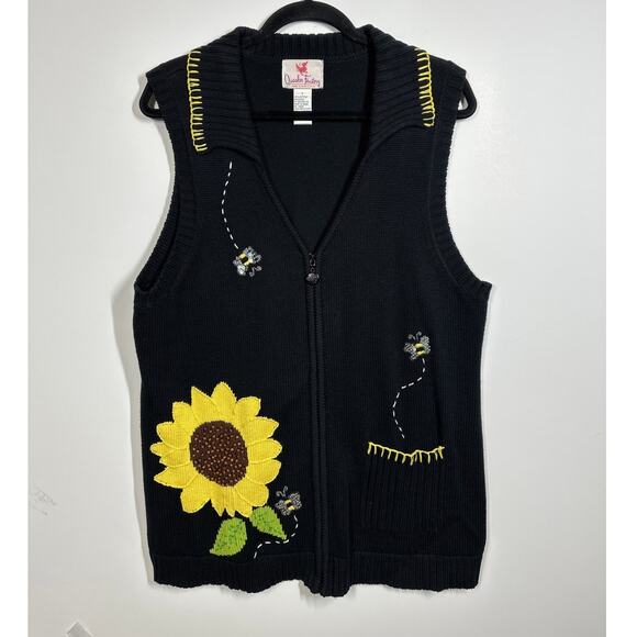 Quacker Factory Knit Sweater Vest Cardigan Bees and Sunflower Beaded Sequins L - Picture 2 of 12